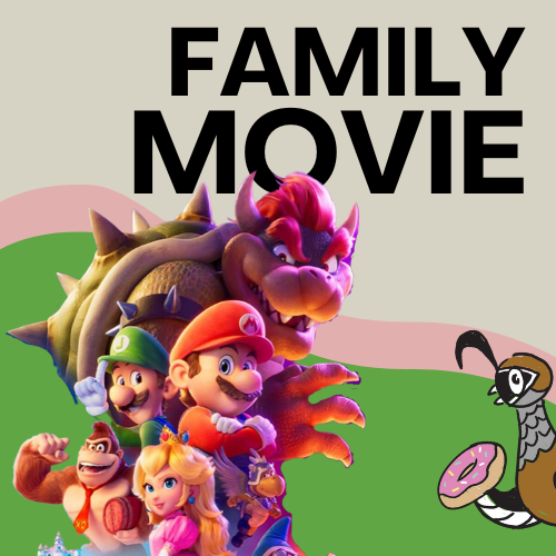 Family movie. Movie characters and cartoon quail with donut on green, pink background.