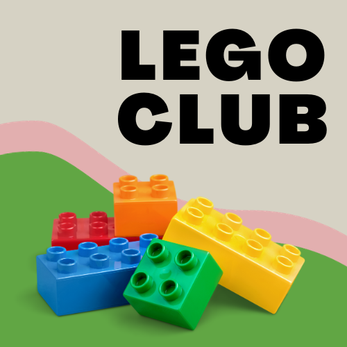 Lego club for kids. Brightly colored Lego bricks on green background.
