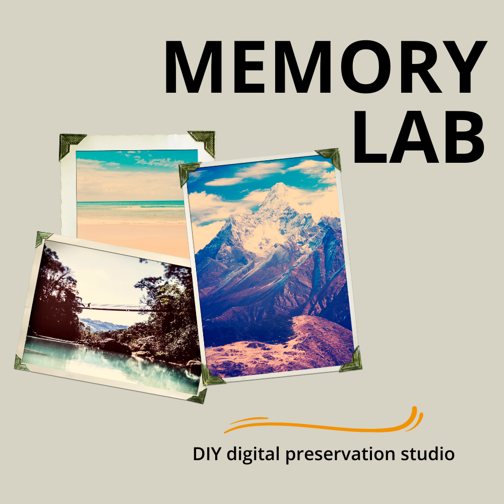 Memory Lab digital preservation studio. Old photos with photo corner holders on beige background.