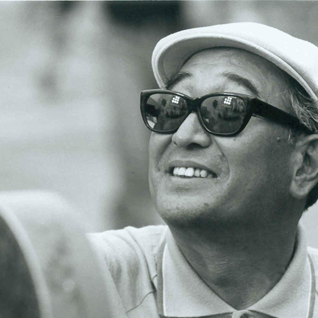 Black and white photo of movie director Akira Kurosawa