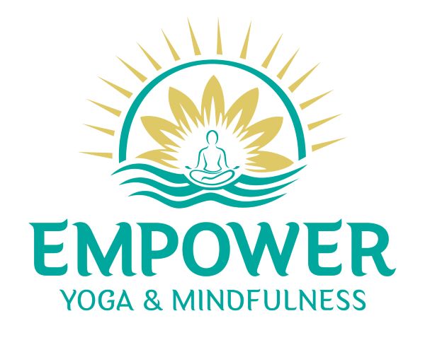 Text reads "Empower Yoga & Mindfulness" in front of an illustration of a lotus flower and figure in lotus position.