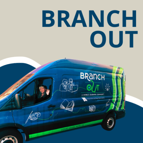 Branch Out blue and green library van with driver smiling and waving.