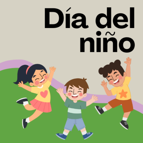Dia del nino. Cartoon kids jumping on green, pink, and beige background.