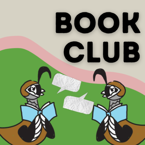 Kids book club: Two cartoon quails reading in front of a pink and green backdrop