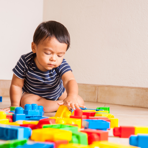 Toddler playing with brightly colored blocks.