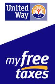 Image says United Way my free taxes on blue and white background