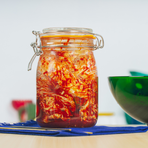 Mason jar with spicy cabbage kimchi