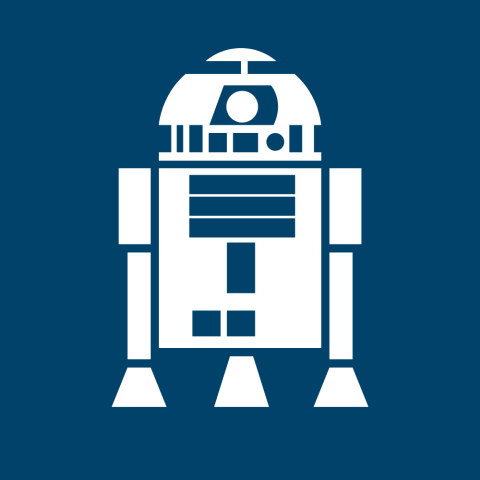 White R2D2 (star wars) graphic with blue background