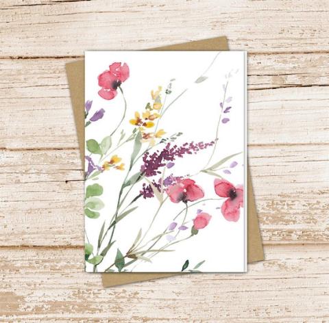 Watercolor painted floral images on a white card. 