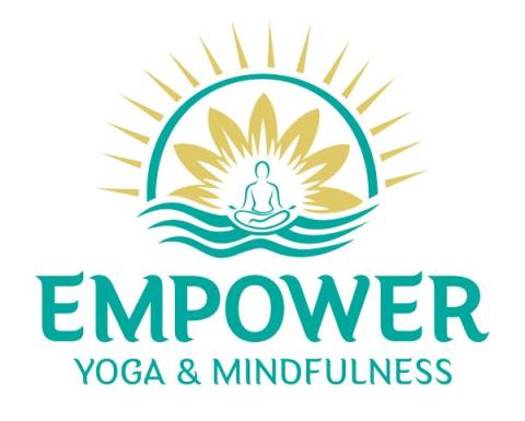 Text reads "Empower Yoga & Mindfulness" in front of an illustration of a lotus flower and figure in lotus position.
