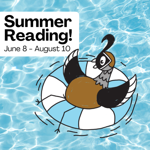 Summer Reading! June 8-Aug 10. Cartoon quail splashing in swimming pool.