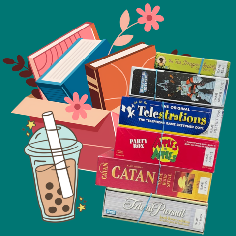 Illustrated boba cup with board games and books