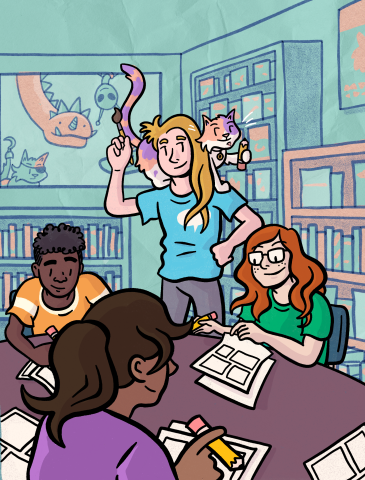 Cartoon version of Kane Lynch with cat P-Nut in a library with students working on a comic at a table.