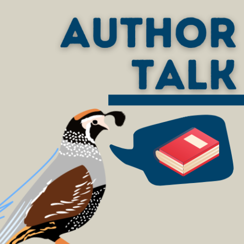 Author talk. Illustrated quail with speech bubble and book.