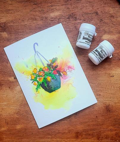 Watercolor painting of flower basket. 