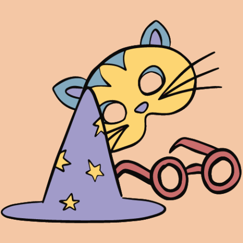 illustration of witch hat, cat mask, and glasses