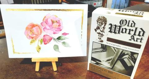 Watercolor painted floral images on a white card. 