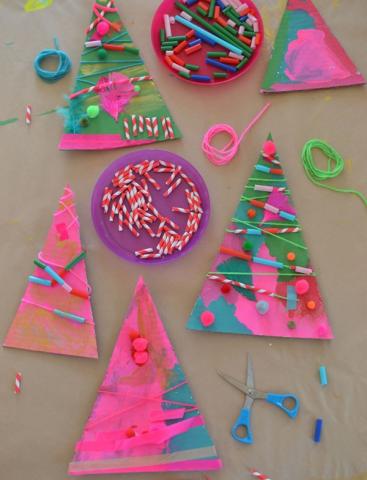 pink triangle trees with tissue paper decorations