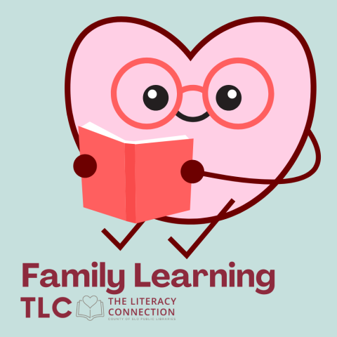 The Literacy Connection Family Learning. Pink heart cartoon with glasses reading a book.