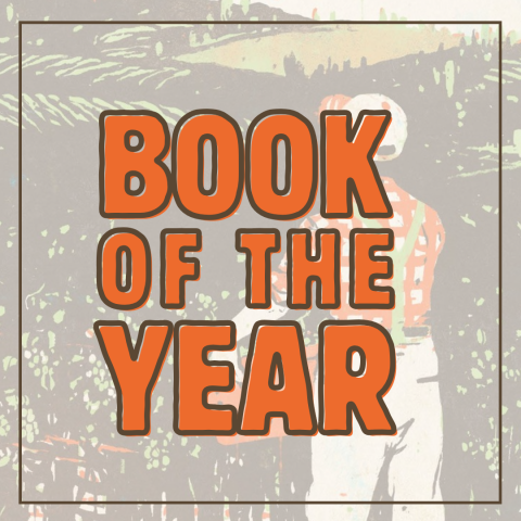 Orange Book of the Year text with Fire in the Canyon book cover background.