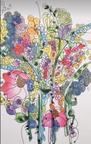 Floral drawing with colorful paint designs. 