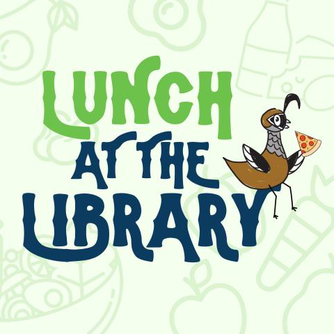 Lunch at the Library. Cartoon quail eating a slice of pizza.
