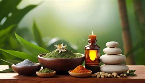 Bowls of herbs are placed next a burning candle. 