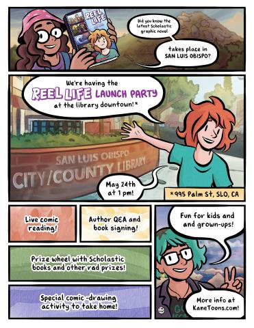 Illustration of author and parts of their comic