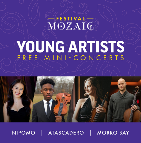 Festival Mozaic Young Artists Free Mini Concerts with four pictures of young musicians and their instruments
