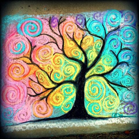 black tree with rainbow leaves made out of chalk