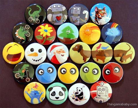 20 lapel buttons with faces, animals and funny designs