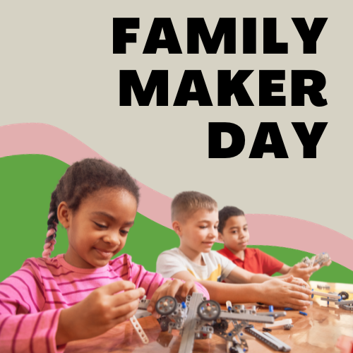 Family maker day. Three children assembling LEGO bricks and wheels.