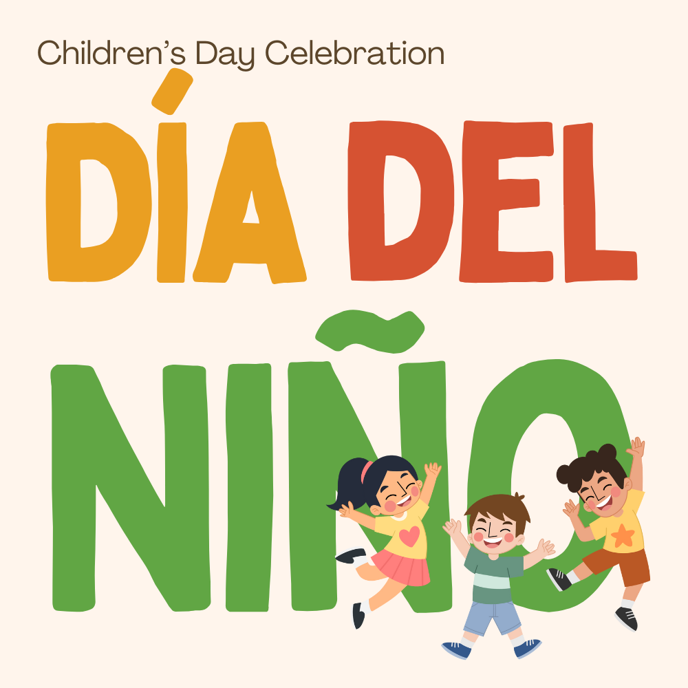 Día del Niño children's day celebration. Gold, red, green letters with illustrations of children