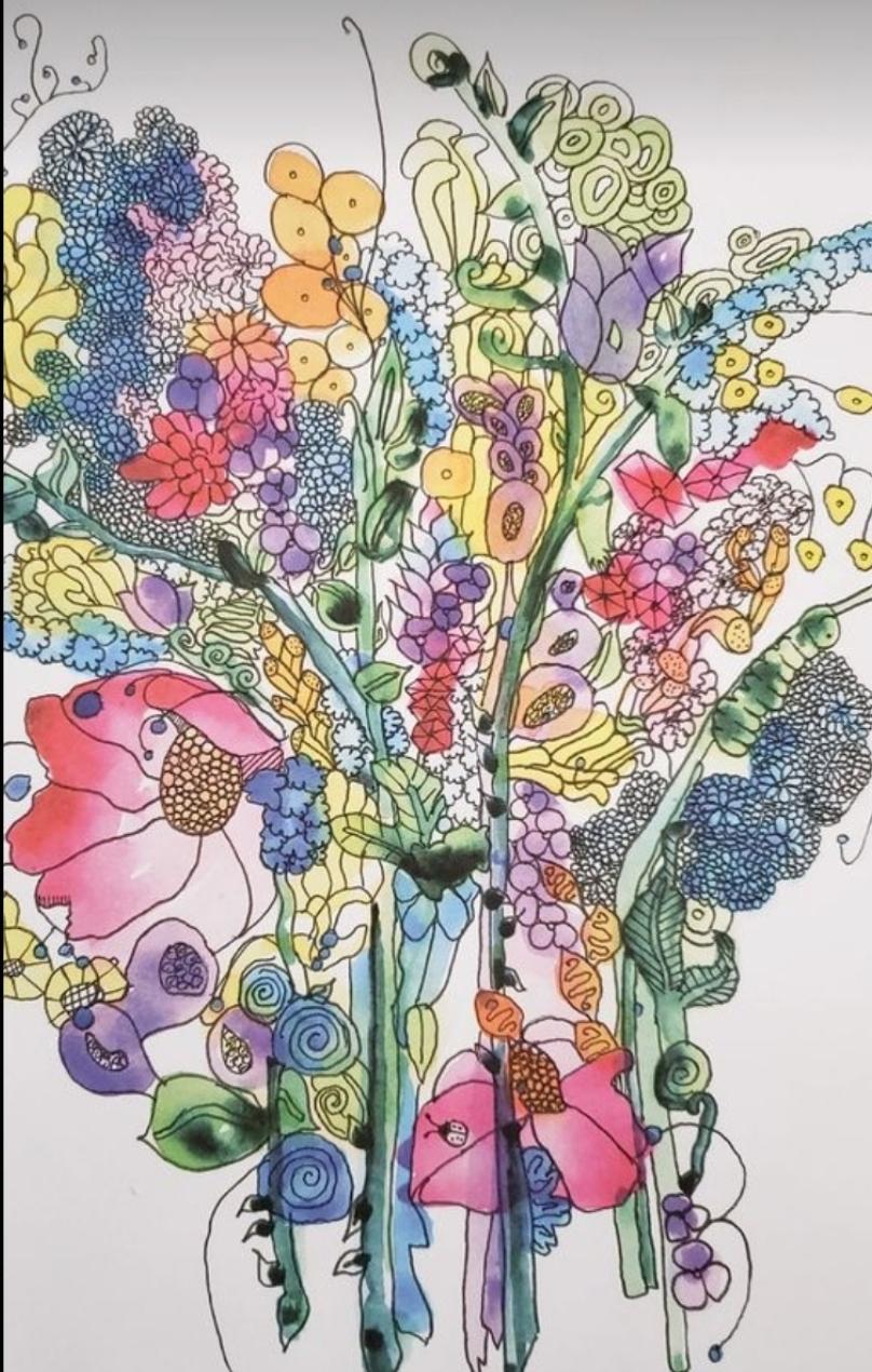 Floral drawing with colorful paint designs. 