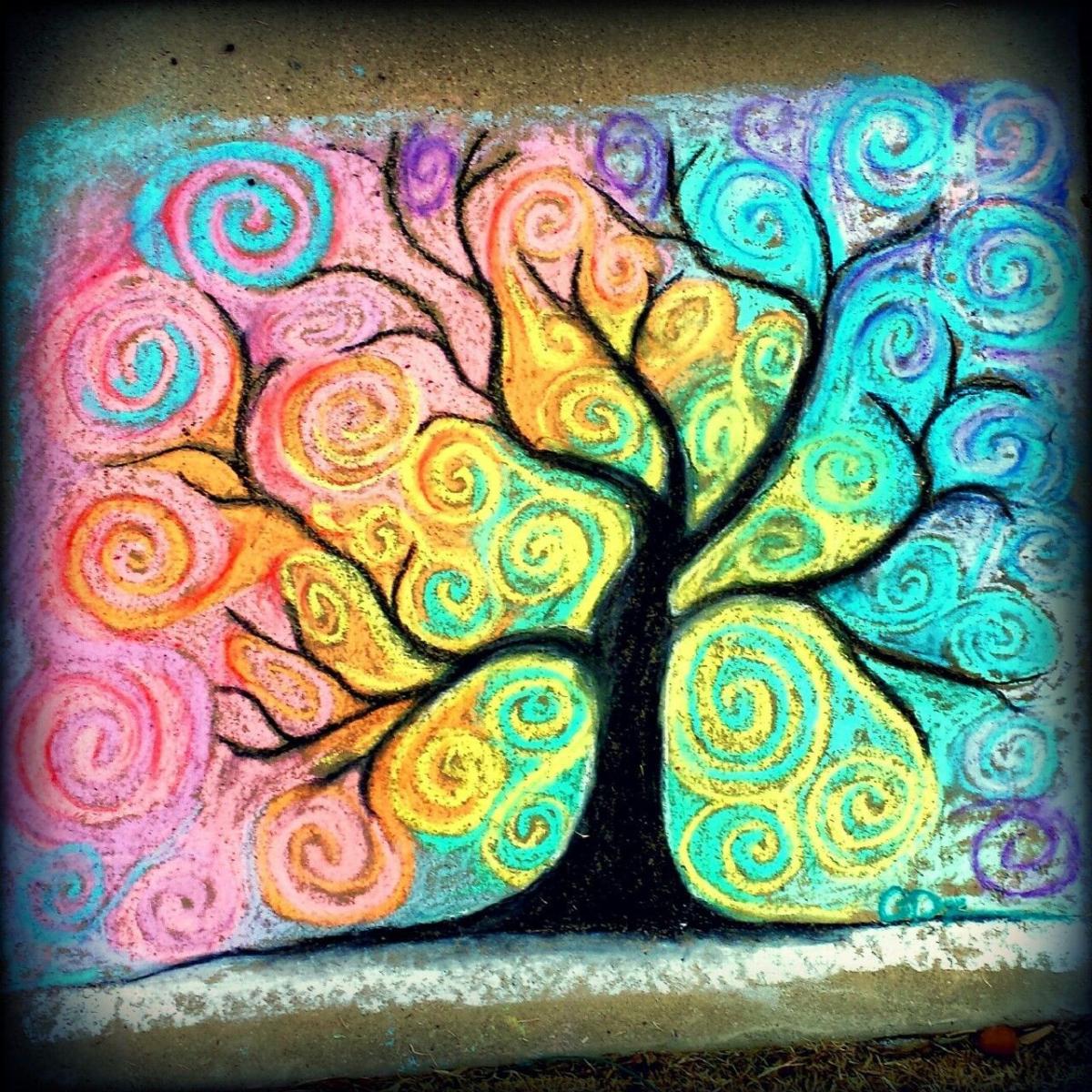 black tree with rainbow leaves made out of chalk